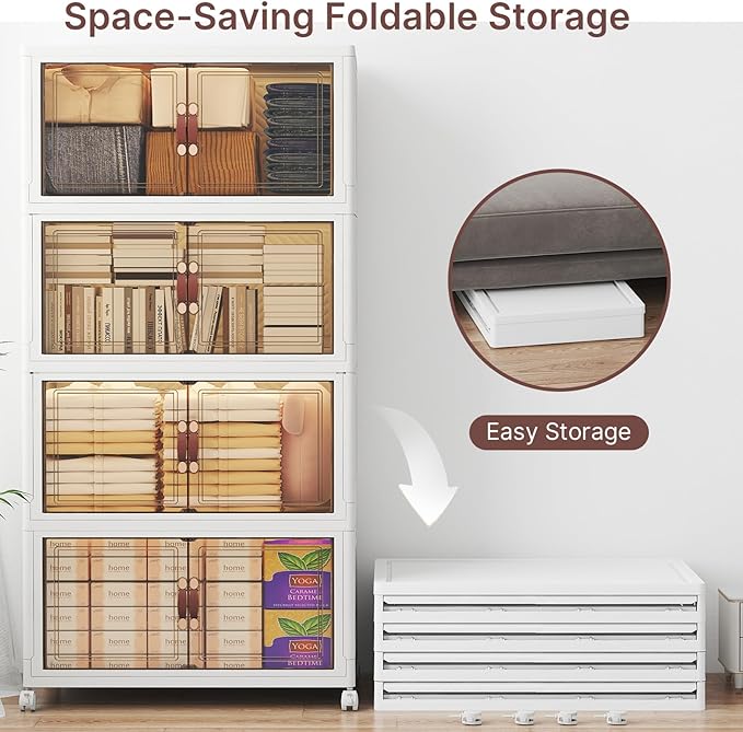 Extra Large Stackable Storage Bins, Lockable Storage Bins with Lids, Folding Storage box with Doors and Wheels, Collapsible Plastic Drawers for Home, Garage, Office (4, White, Large)