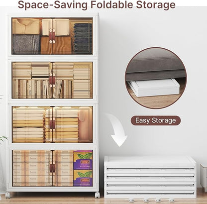 Extra Large Stackable Storage Bins, Lockable Storage Bins with Lids, Folding Storage box with Doors and Wheels, Collapsible Plastic Drawers for Home, Garage, Office (4, White, Large)
