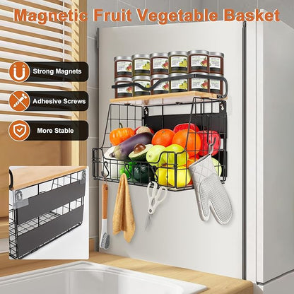 Livabber Magnetic Fridge Organizer Basket with Wood Shelf, Large Fruit Vegetable Storage Bin, Spices Snacks Condiments Rack for Kitchen Pantry, Laundry Room, Office, Magnetic or Wall Mount (Black)