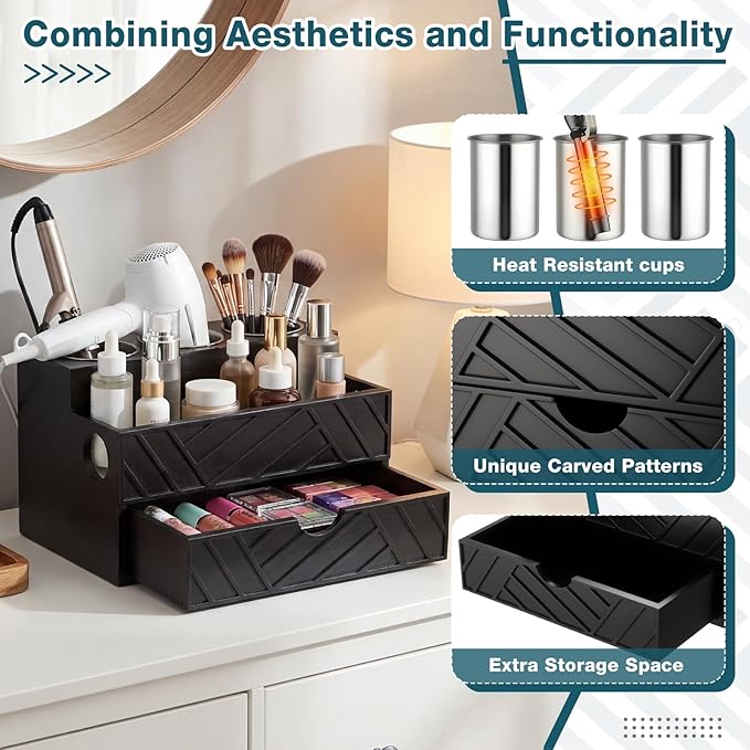 BrightRow Black Hair Tool Organizer with Drawer, Hair Brush Storage for Bathroom and Vanity Countertop, Fits Blow Dryer, Curling Iron, Makeup Brushes, Skincare, Hot Tools Organizer for a Tidy Counter