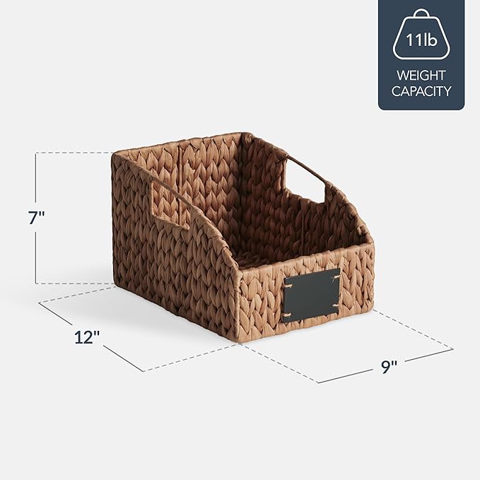 Best Choice Products Natural Hyacinth Angled Pantry Storage Baskets, Woven Wicker Storage Bins w/Handles, Storage Container Baskets for Shelves, Chalkboard Label & Marker (Pack of 2) - Chestnut