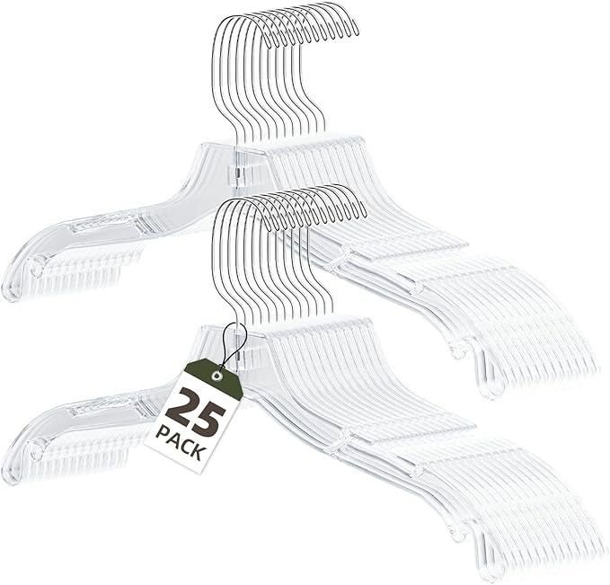 UEAKPIC Clear Plastic Hangers 25 Pack, Heavy Duty Clothes Hangers with 360° Swivel Hook, 2.1" Ultra-Wide Non-Slip Notches & Non-Slip Grips for Dresses, Shirts, Coats, Suits