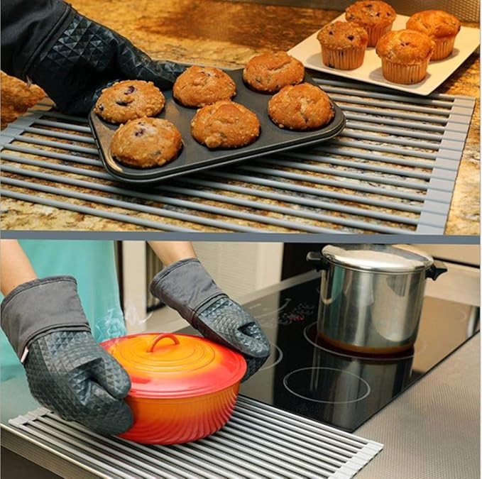 Pezixueran Roll Up Dish Drying Rack Over The Sink.Foldable Kitchen Drainer,Fully Silicone Cover Stainless Steel Bar,Heat-Resistant, Anti-Slip Sink Rack for Kitchen Counter Multipurpose.