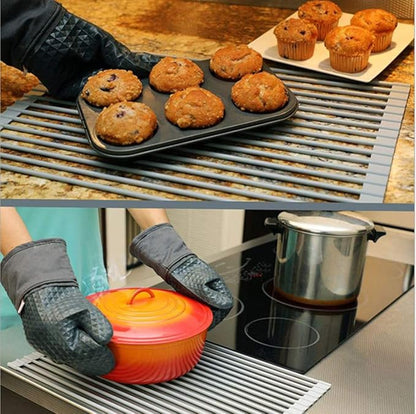 Pezixueran Roll Up Dish Drying Rack Over The Sink.Foldable Kitchen Drainer,Fully Silicone Cover Stainless Steel Bar,Heat-Resistant, Anti-Slip Sink Rack for Kitchen Counter Multipurpose.