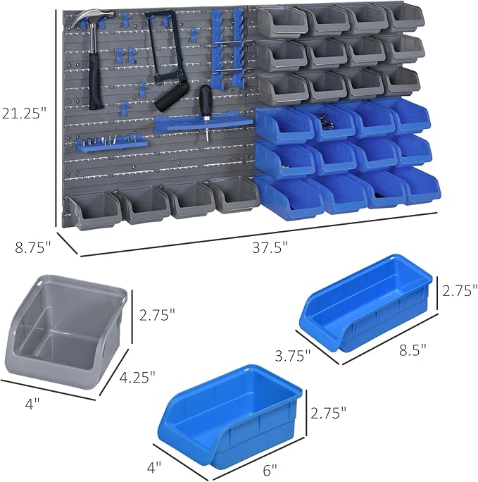DURHAND Wall Mounted Storage Bins, 44PC Pegboard Tool Organizer Rack Kit Garage Plastic Shop Tool, Blue