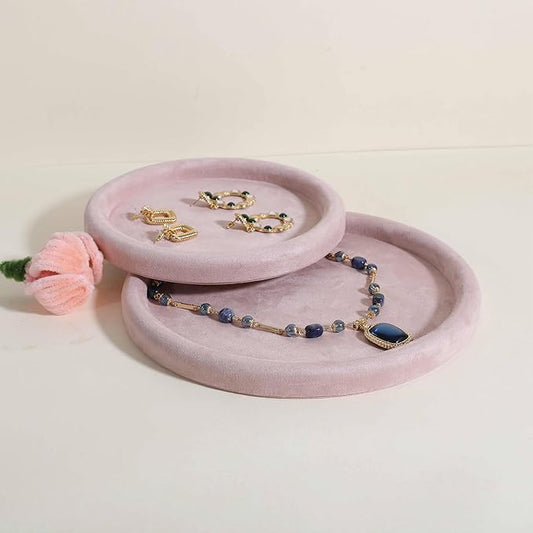 GemeShou Round Jewelry Organizer Plate, Top Microfiber Velvet Jewelry Display Tray, Empty Jewelry Showcase Tray for Necklaces, Bracelets, Rings, Earrings (Pink-Large, 9.8 x 9.8 in)