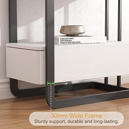 Narrow Side Table, End Table with Drawer& Storage Shelves, Modern Sofa Couch Table Curved Bedside Table for Living Room Bedroom, Narrow Nightstand with Thickening Iron Shelves for Small Space, White