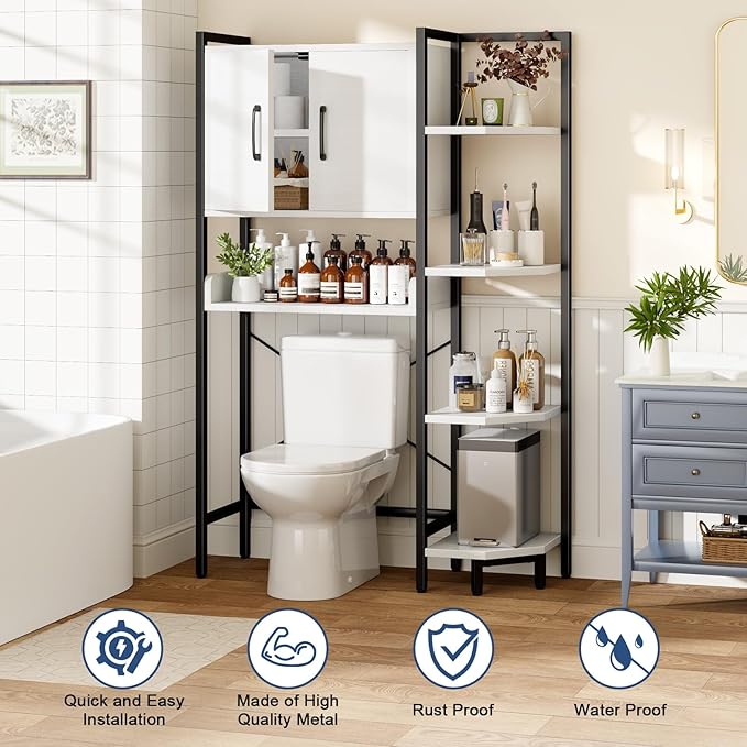 Roxibelt K2 Heavy Duty 7-Tier Over The Toilet Storage Cabinet（With Magnetic Doors & Adjustable Feet）Freestanding Above Toilet Shelf，Space Saver Bathroom Organizer 9.3"D x 31.5"W x 67.2"H，Beige White