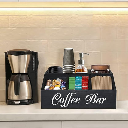 ugiftt Coffee Station Organizer for Counter, Wood Coffee Pods Holder Storage Basket, Tea Condiment Storage Organizer, Rustic Bar Decor for Accessories Organizer