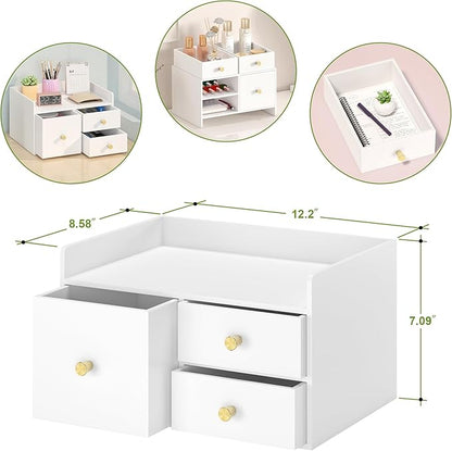 Bamboo Desk Organizer with Drawers Wooden Desktop Storage Drawers for Bills Office Supplies Kitchen Utensils Organizing Tool for Home Classroom Organization No Assembly (3 Drawer, White)