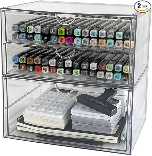 NINEWEEN Clear Desk Drawer Organizer, 2 Pack Plastic Home Office Accessories Storage Box for Marker, Cards, Stationery, Crafts, Makeup, Bathroom Supplies, Coffee Pods, Pet Snacks (3 Drawers)