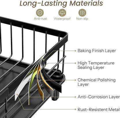 SNTD Dish Drying Rack - Small Dish Rack for Kitchen Counter, Stainless Steel Dish Drainer with Utensil Holder and Drainboard, 11" W x 15" L (Black)