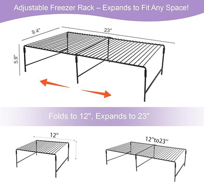Refrigerator Organizer Freezer Organizer, Expandable Adjustable Kitchen Cabinet Rack for Pantry, Cupboard, Countertop - Space Saving Shelf (Black)