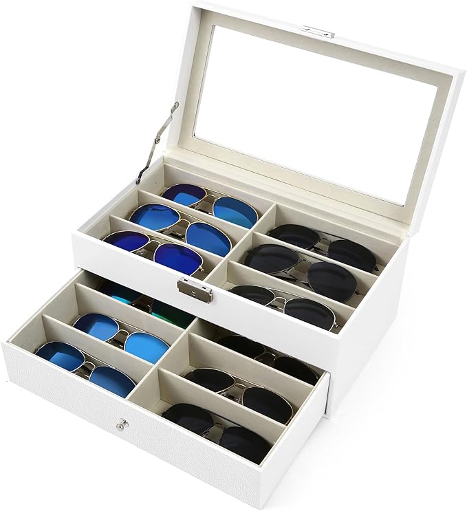 Homeanda 2-Layer Sunglasses Case - 12 Slots Hard Shell Eyeglasses Storage Box PU Leather Organizer, Protective Glasses Organizer Christmas Gift for Men and Women(White)