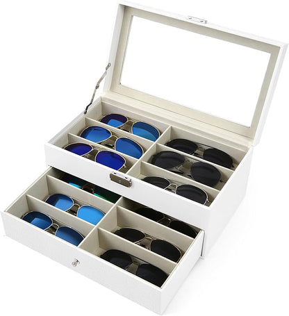 Homeanda 2-Layer Sunglasses Case - 12 Slots Hard Shell Eyeglasses Storage Box PU Leather Organizer, Protective Glasses Organizer Christmas Gift for Men and Women(White)