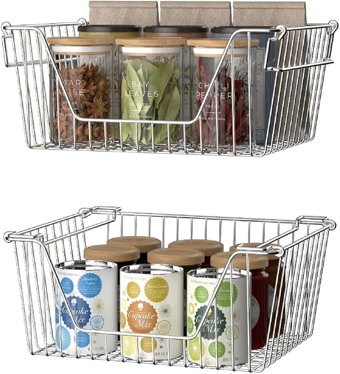 SANNO 14" Stackable Baskets Pantry Bins Storage Baskets Metal Wire Basket, Storage Organizer Basket Open Front for Kitchen Cabinets, Pantry, Closets, Bedrooms, Bathrooms 3 Pack