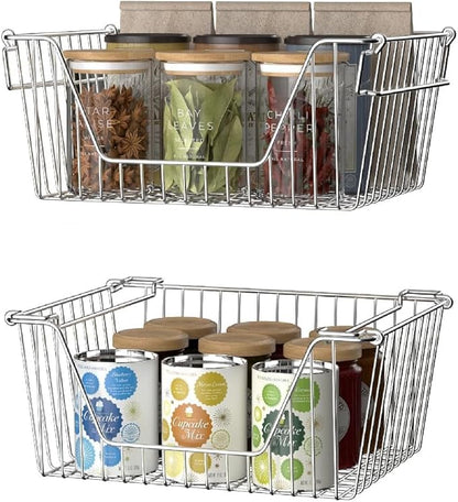 SANNO 14" Stackable Baskets Pantry Bins Storage Baskets Metal Wire Basket, Storage Organizer Basket Open Front for Kitchen Cabinets, Pantry, Closets, Bedrooms, Bathrooms 3 Pack
