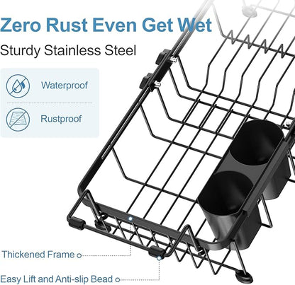 iSPECLE Small Sink Dish Drying Rack, Capacity Expandable Narrow Dish Drainer for RV Kitchen Counter with Cup Holder and Utensil Holder, Fit for 12"~18.3" Sink, Black