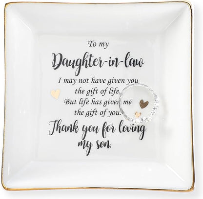 HOME SMILE Mother's Day Gifts for Daughter in Law Ceramic Ring Jewelry Dish Tray Plate for Birthday Christmas Valentines Wedding-Thank You for Loving My Son