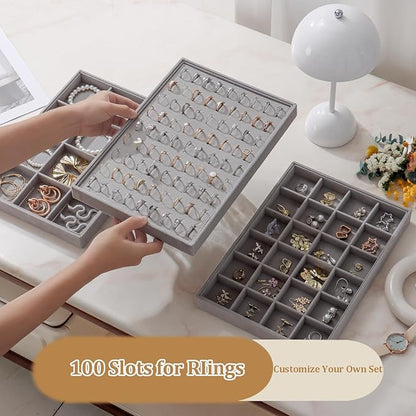KATISYIO Large Velvet Jewelry Tray 2 Pack Stackable Jewelry Display Drawer Inserts Trays Organizer for Earring Bracelet Necklace Ring (Gray, Ring 81 Slots)