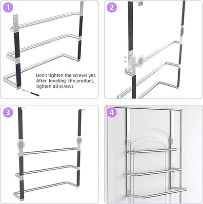 Over The Door Towel Rack, 304 Stainless Steel Towel Rack, 3 Tier Towel Bar for Hanging Towels, 16 Inch Over Door Towel Storage Holder for Bathroom, Brushed Silver