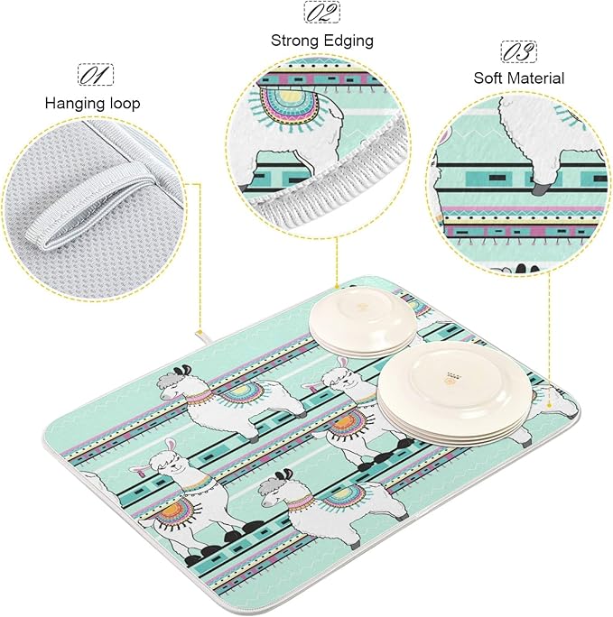 ZzWwR Tribal Cute Cartoon Llama Green 16 x 18 Inches Absorbent Dish Drying Mat Microfiber Kitchen Countertop Table Protector Multi-Purpose Counter Rack Sink Drainer Pad