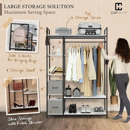 CAPHAUS 979lbs Capacity Garment Rack for Hanging Clothes, Heavy Duty Open Wardrobe w/Hanging Rods & Fabric Drawers, Free Standing Closet Organizer, Metal Closet Rack w/White Wooden Shelves
