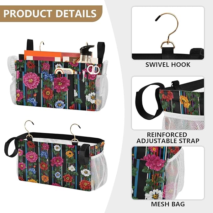 CuwrYet Bedside Caddy Hanging Bunk Bed Caddy Bed Organizer Hanging Pocket with 2 Hooks Bedside Storage Organizer Pocket Bag Holder Mexican Flowers Stripe