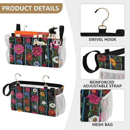 CuwrYet Bedside Caddy Hanging Bunk Bed Caddy Bed Organizer Hanging Pocket with 2 Hooks Bedside Storage Organizer Pocket Bag Holder Mexican Flowers Stripe