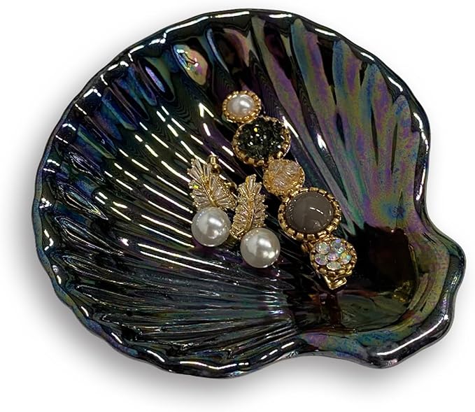 Shell Jewelry Dish Tray, Ceramic Trinket Tray Clamshell Jewelry Organizer Dish, Ring Holder Dish Room Decor, Mother's Day Valentine's Friendship Christmas Birthday Gifts for Women (Multicolor Black)