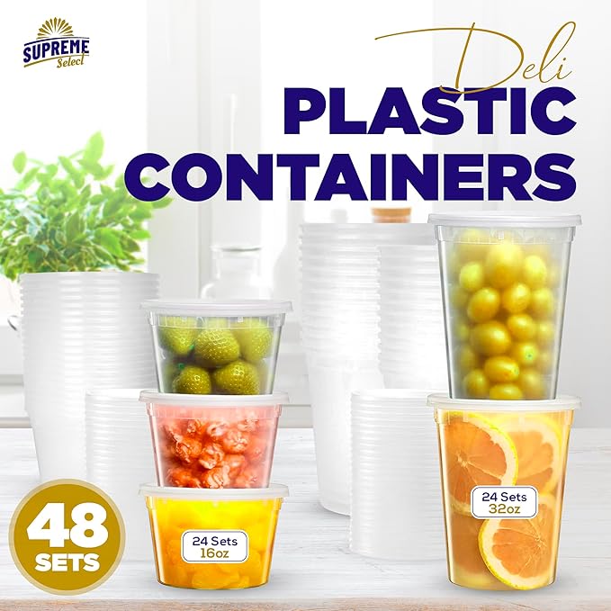 Supreme Deli Plastic Storage Containers with Lids 16 oz & 32 oz [24 sets of each - 48 combo Sets] Reusable Food Containers -Microwavable & Freezer friendly - Dishwasher safe - Secure & Tight Covers