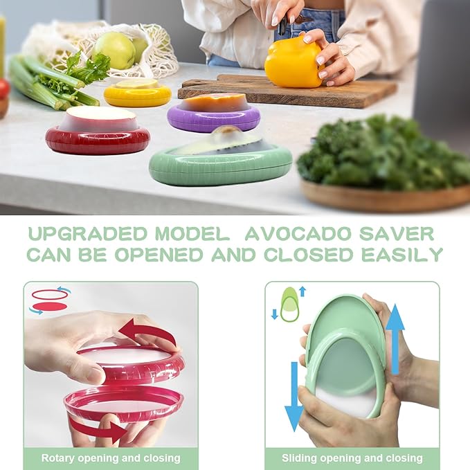 AWLGAK Avocado Saver and Onion Holder -Set of 4 Reusable Fruit and Veggie Savers for Fridge - BPA-Free, Prevent Flavor Mixing, Keep Fresh (Cyan, Purple, Red And Yellow)
