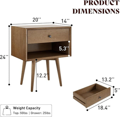 AMERLIFE Solid Wood Nightstand Set of 2, Fully Assembled End Table with Storage Drawer & Open Cubby, Mid-Century Modern Side Table for Bedroom, Walnut