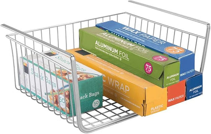 mDesign Metal Under Shelf Basket for Kitchen Storage - Wire Farmhouse Sliding Bin Basket for Pantry - Large Open Front Organizer for Food, Drinks, Snacks - Hyde Collection, 2 Pack - Chrome