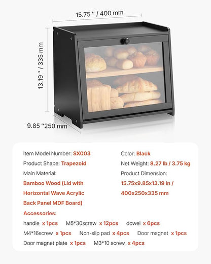 VEVOR Double Layer Bread Box for Kitchen Counter, Large Capacity Bamboo Bread Storage Container, Farmhouse Wooden Breadbox for Homemade Bread, Storage Holder Bin with Acrylic Wavy Door Panel, Black