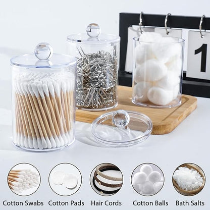 XIPENGKEJI 6 Pack Qtip Holder,Canister Apothecary Jar Set, Bathroom Jars with Lids Set for Cotton Swabs, Balls, Pads, Floss Picks,10oz-12oz Plastic Canisters Restroom Bedroom Vanity Organizer(Clear)