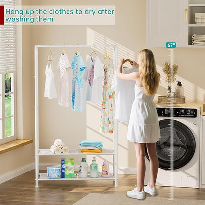 SINGAYE Clothing Racks Portable for Hanging Clothes Garment Rack Heavy Duty Clothes Rack Storage Coat Hanger Stand Portable Closet to Hang with Shelves Wardrobe Standing Organizer Drying White