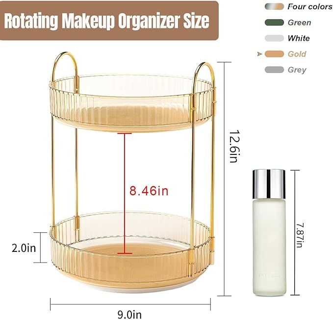 Weidace 360 Rotating Makeup Organizer for Vanity, Bathroom Countertop Spinning Perfume Organizer, High-Capacity Cosmetic and Skincare Dresser Make Up Holder Rack (2 Tiers, Yellow)