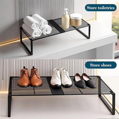 HGZBS Extendable Metal Wire Shelf Organizer - Adjustable 15-24.4in Length, Stackable Storage Rack for Kitchen/Pantry/Bathroom/Shoe Cabinet/Tool Closet (4,Black)
