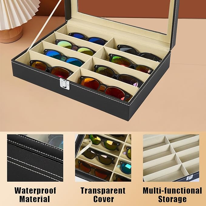 BNFHTD 8-slot synthetic leather Sunglasses Organizer Case for Eyeglasses and Glasses, glasses holder, Includes Cleaning Cloth, for desk and travel