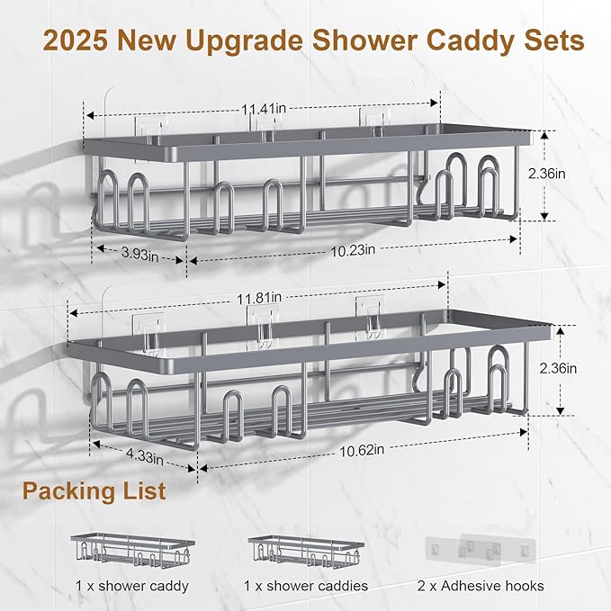 Getsrichfc 2025 New Adhesive Shower Caddy, Shower Shelves with 16 Hooks, Grey 2 Pack