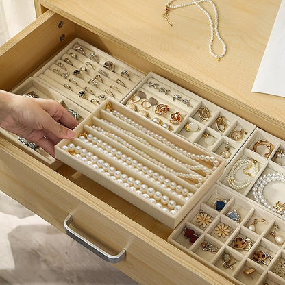 SPAKOWN Jewelry Organizer for Drawer, Adjustable Velvet Jewelry Tray, Stackable Necklace Organizer Earring Holder Organizer Ring Tray Jewelry Storage Display Drawer Inserts Set of 9 (Beige)
