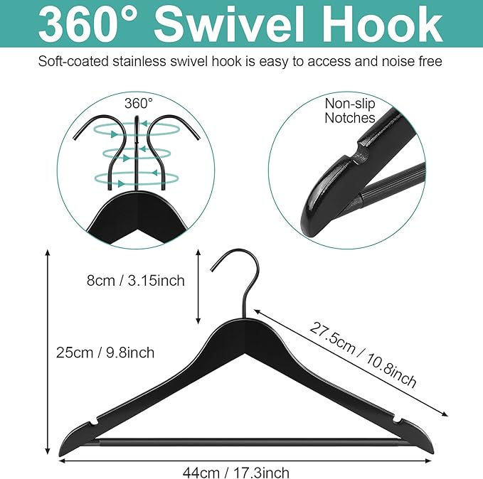 Perfecasa Grade A Real Wood Hangers 20 Pack, Suit, Coat, Solid Wood Construction, Smooth Finishes, Non-Slip Pants Bars, Soft Coated Hooks, 360° Swivel Hooks, Premium Quality Wooden Hangers (Black)