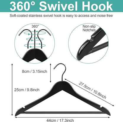 Perfecasa Grade A Real Wood Hangers 20 Pack, Suit, Coat, Solid Wood Construction, Smooth Finishes, Non-Slip Pants Bars, Soft Coated Hooks, 360° Swivel Hooks, Premium Quality Wooden Hangers (Black)