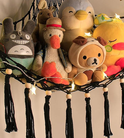 Stuffed Animal Toy Storage Hammock with LED Light - Macrame Jumbo Doll Corner Stuff Animals Organizer Decorations - Cute Hanging Plushie Net Kids Baby Nursery Bedroom Room Decor