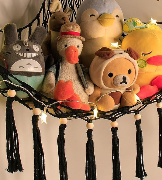 Stuffed Animal Toy Storage Hammock with LED Light - Macrame Jumbo Doll Corner Stuff Animals Organizer Decorations - Cute Hanging Plushie Net Kids Baby Nursery Bedroom Room Decor