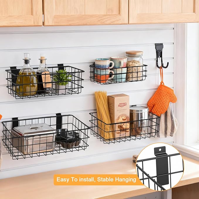 12Pack Slatwall Organizer Kit with 4PCs Slatwall Baskets (10.5 to 13.5 inches), and 8PCs Slat Wall Hooks Heavy Duty, Slatwall Accessory for Garage, Retail Display and Home Storage