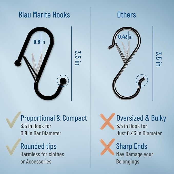 Blau Marité 10-Pack Metal S Hooks for Hanging – Heavy-Duty S-Shaped Hook with Safety Buckle – Fits Bars up to 0.8 In – Anti-Drop S-Hooks for Kitchen, Bathroom, Closet & Pot Racks – Gold (Medium)