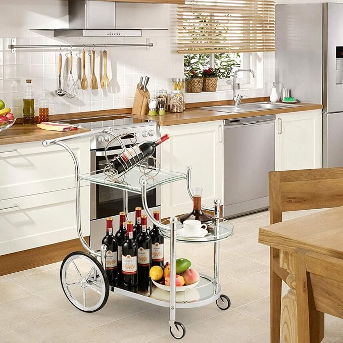 DORTALA Rolling Serving Cart, 3-Tier Metal Bar Cart with Tempered Glass, 4 Wheels Tea Serving Bar Cart for Livingroom, Kitchen, Silver