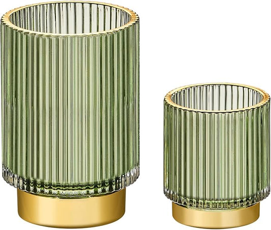 LEICURACE Makeup Brush Holder Organizer,Toothbrush Holders,Desk Pen Pencil Holder,Multifunctional Vintage Glass Brush Cup（S+L/Green/A3-1-US）